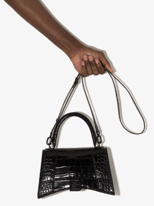 Black Hourglass Crocodile Embossed Leather Bag