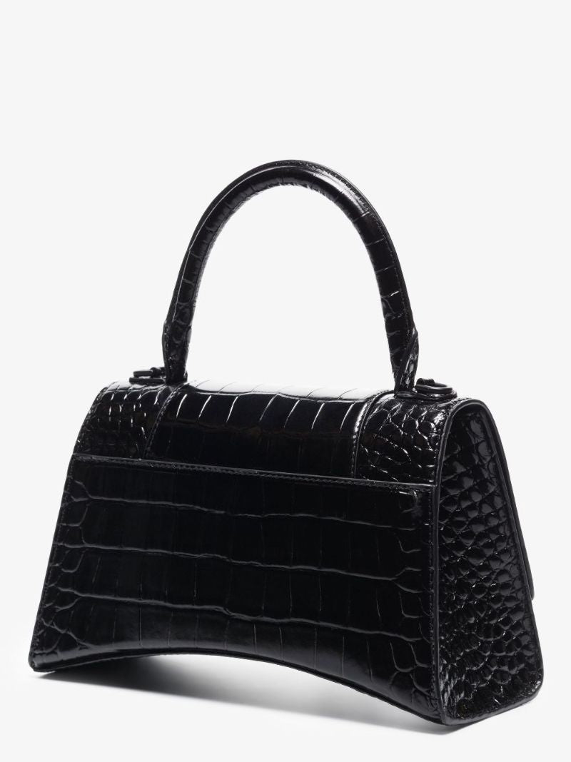 Black Hourglass Crocodile Embossed Leather Bag