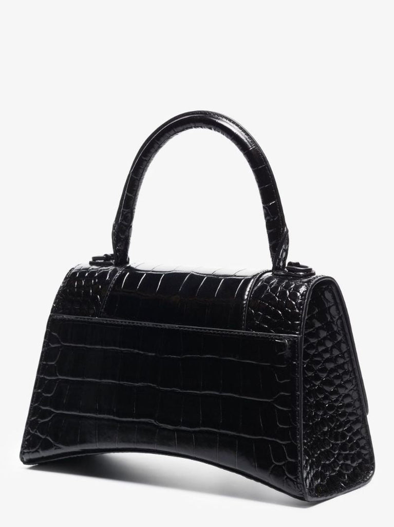 Black Hourglass Crocodile Embossed Leather Bag