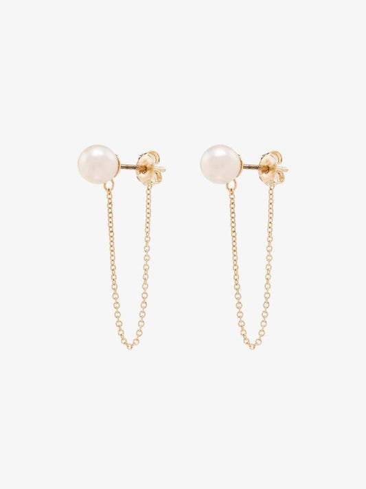 14k Yellow Gold Pearl Stud Chain Earrings
