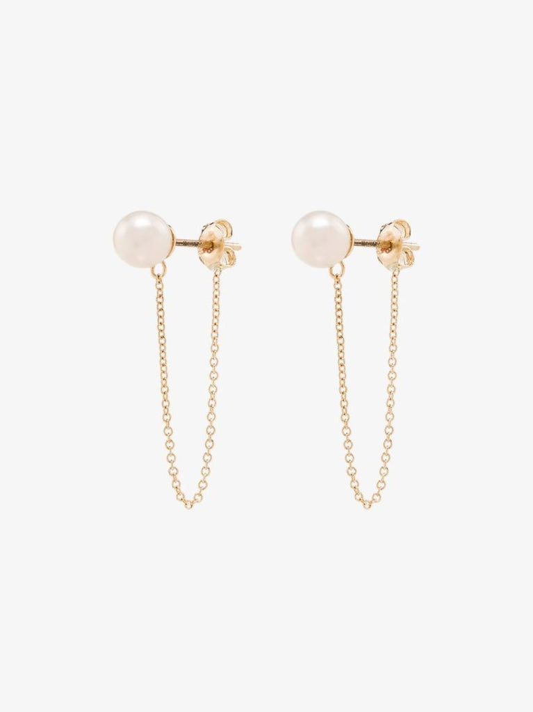 14k Yellow Gold Pearl Stud Chain Earrings