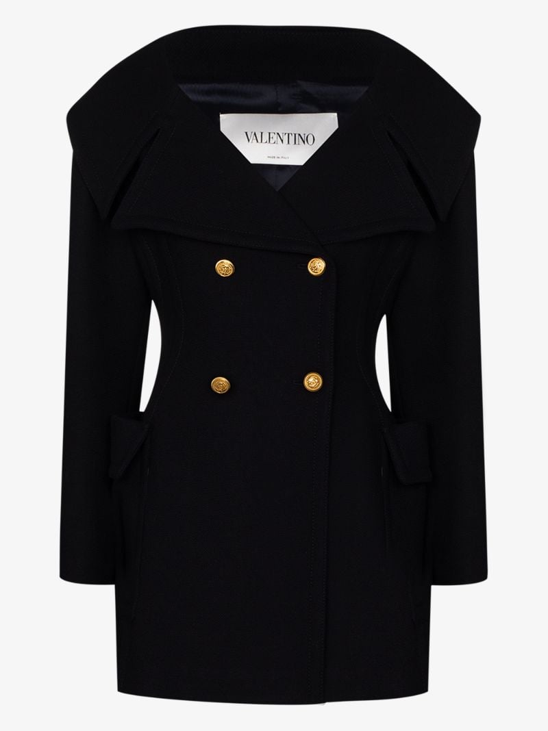 Navy Open Neck Buttoned Wool Coat