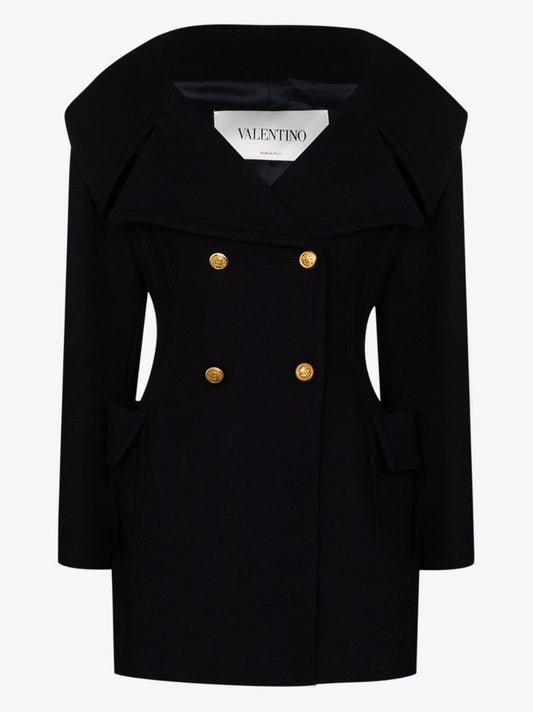 Navy Open Neck Buttoned Wool Coat