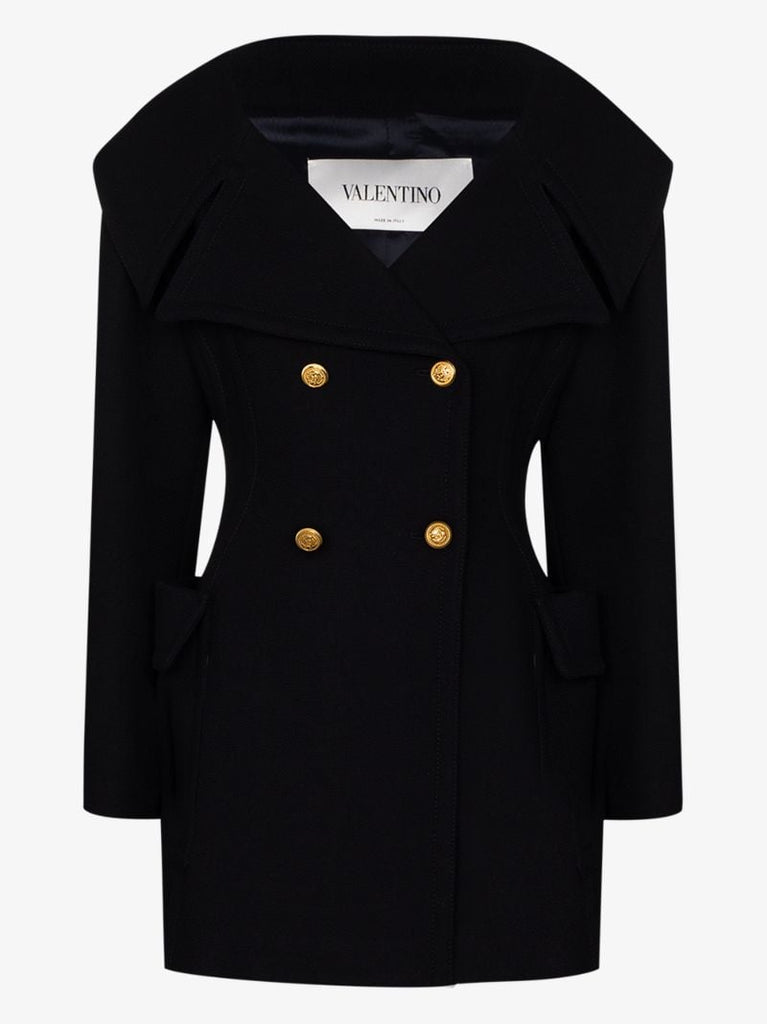 Navy Open Neck Buttoned Wool Coat