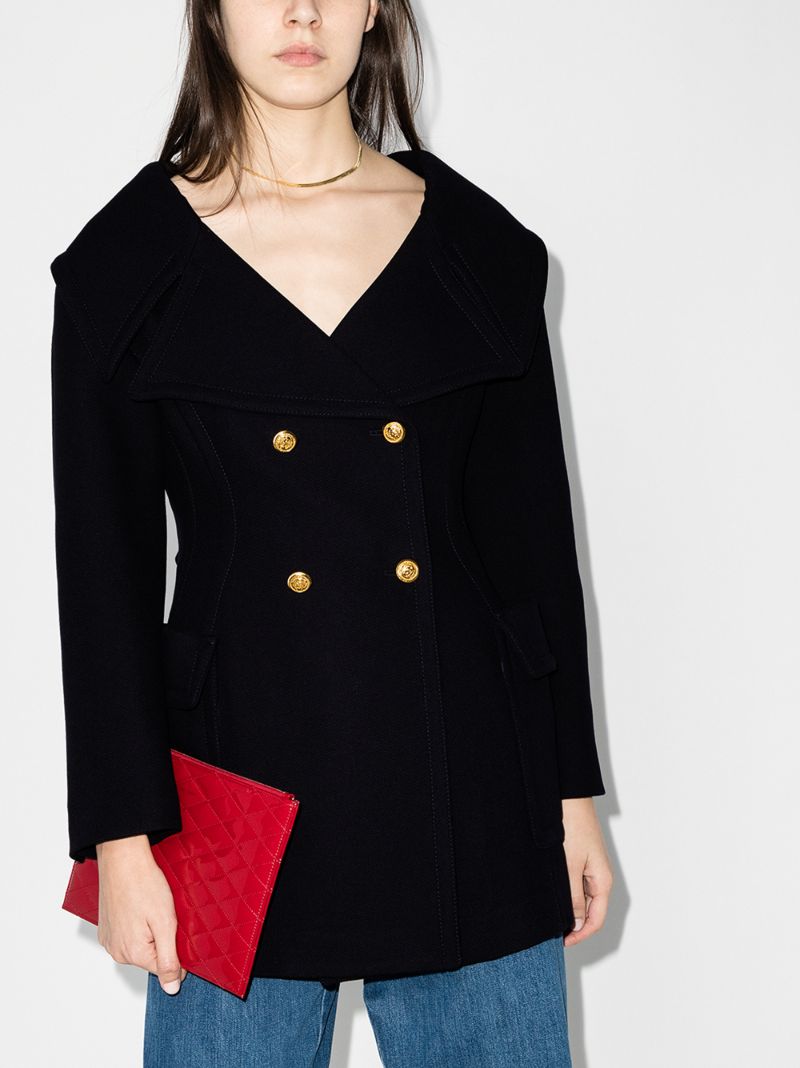 Navy Open Neck Buttoned Wool Coat