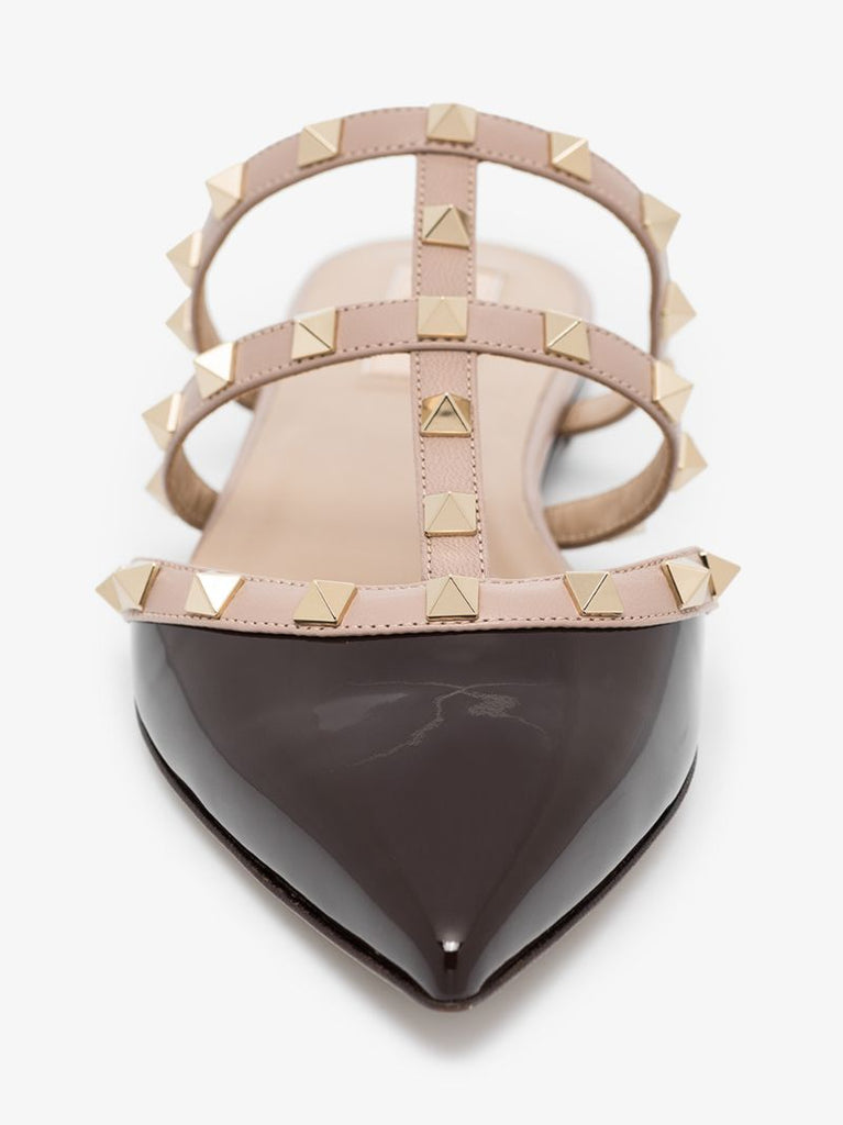 Brown Rockstud Patent Leather Mules