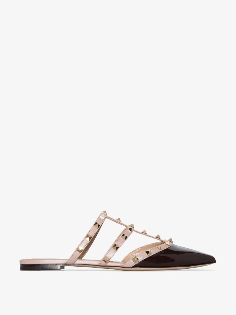 Brown Rockstud Patent Leather Mules