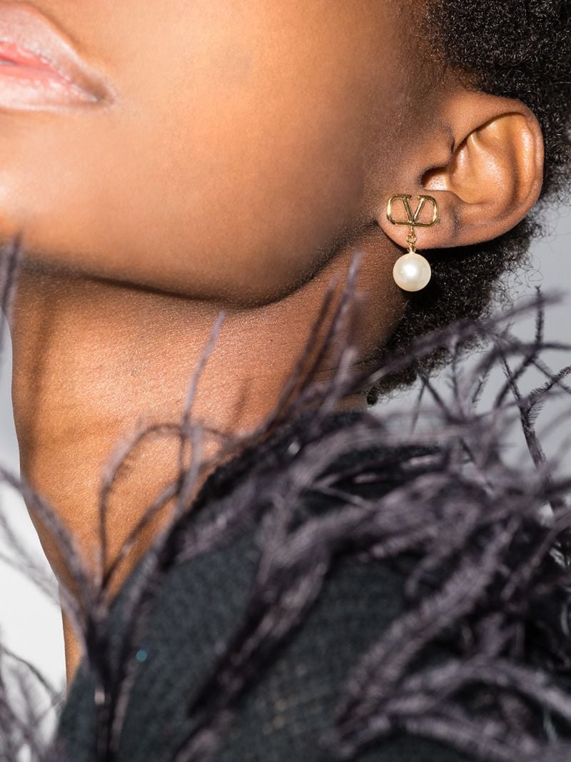 Gold Tone Vlogo Pearl Drop Earrings