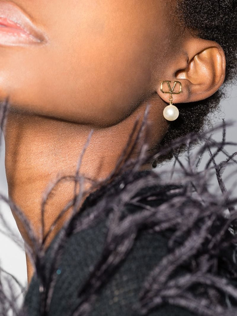 Gold Tone Vlogo Pearl Drop Earrings