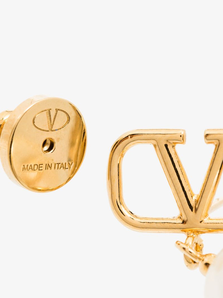 Gold Tone Vlogo Pearl Drop Earrings