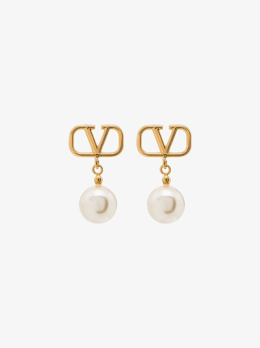 Gold Tone Vlogo Pearl Drop Earrings