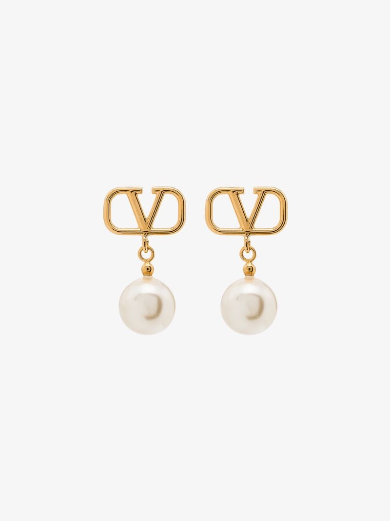 Gold Tone Vlogo Pearl Drop Earrings