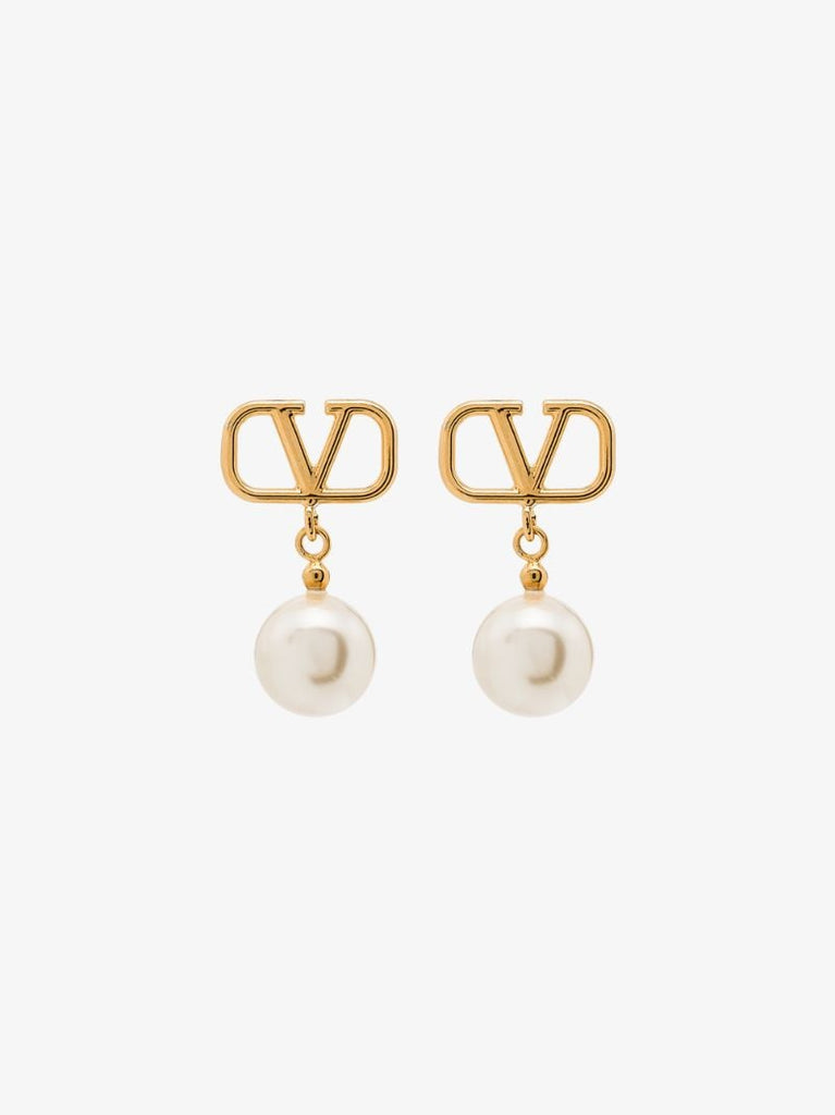 Gold Tone Vlogo Pearl Drop Earrings