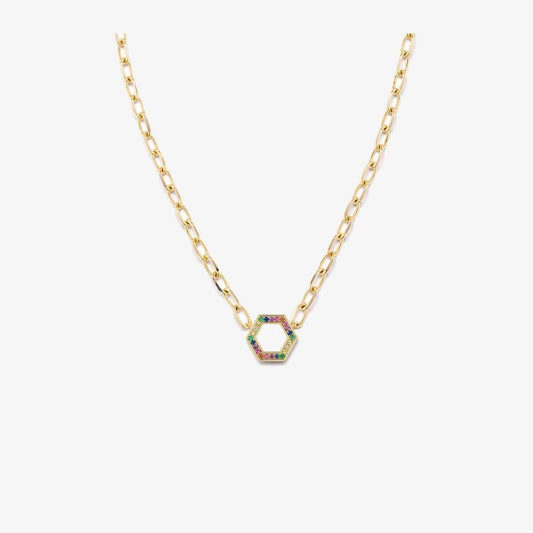 18k Yellow Gold Rainbow Sapphire Hexagon Necklace