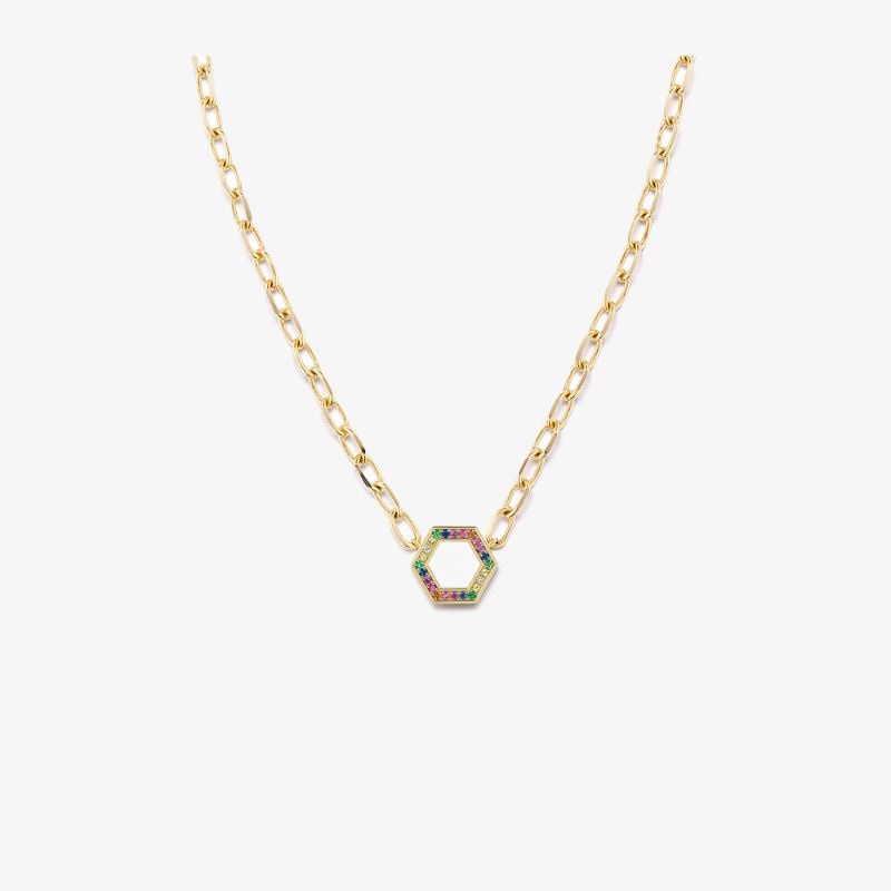 18k Yellow Gold Rainbow Sapphire Hexagon Necklace