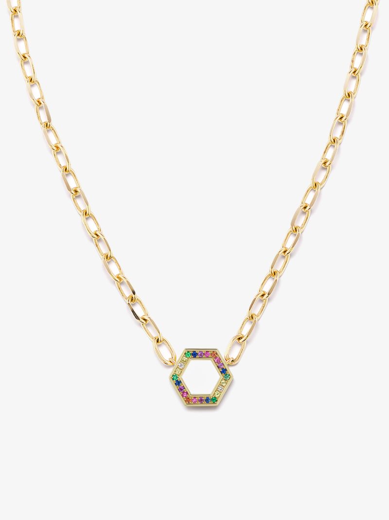18k Yellow Gold Rainbow Sapphire Hexagon Necklace