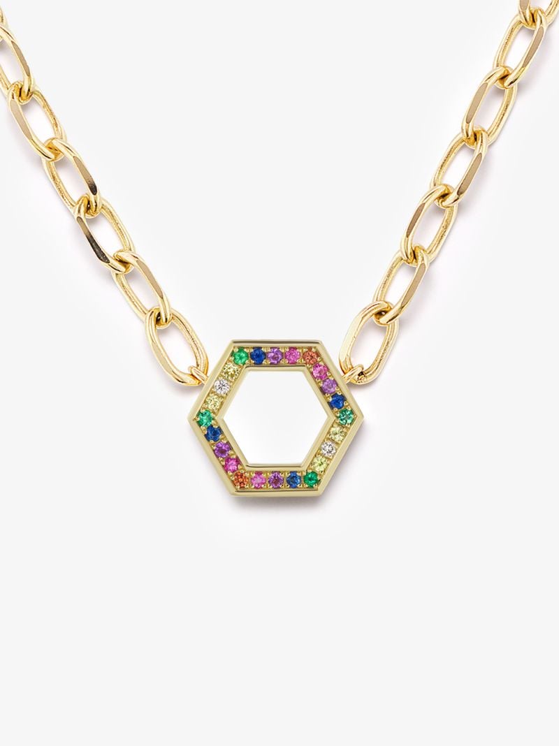 18k Yellow Gold Rainbow Sapphire Hexagon Necklace