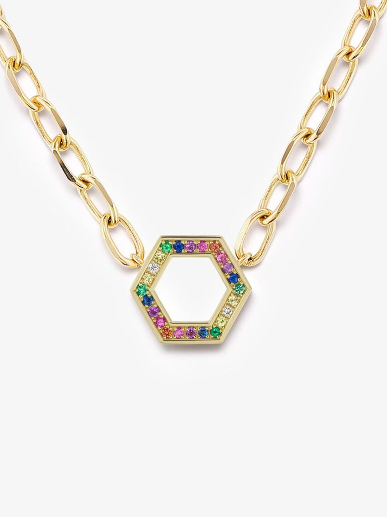 18k Yellow Gold Rainbow Sapphire Hexagon Necklace