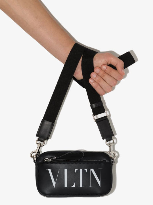 Black Vltn Logo Leather Cross Body Bag