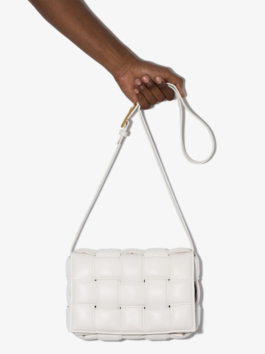 White Cassette Padded Intrecciato Leather Shoulder Bag