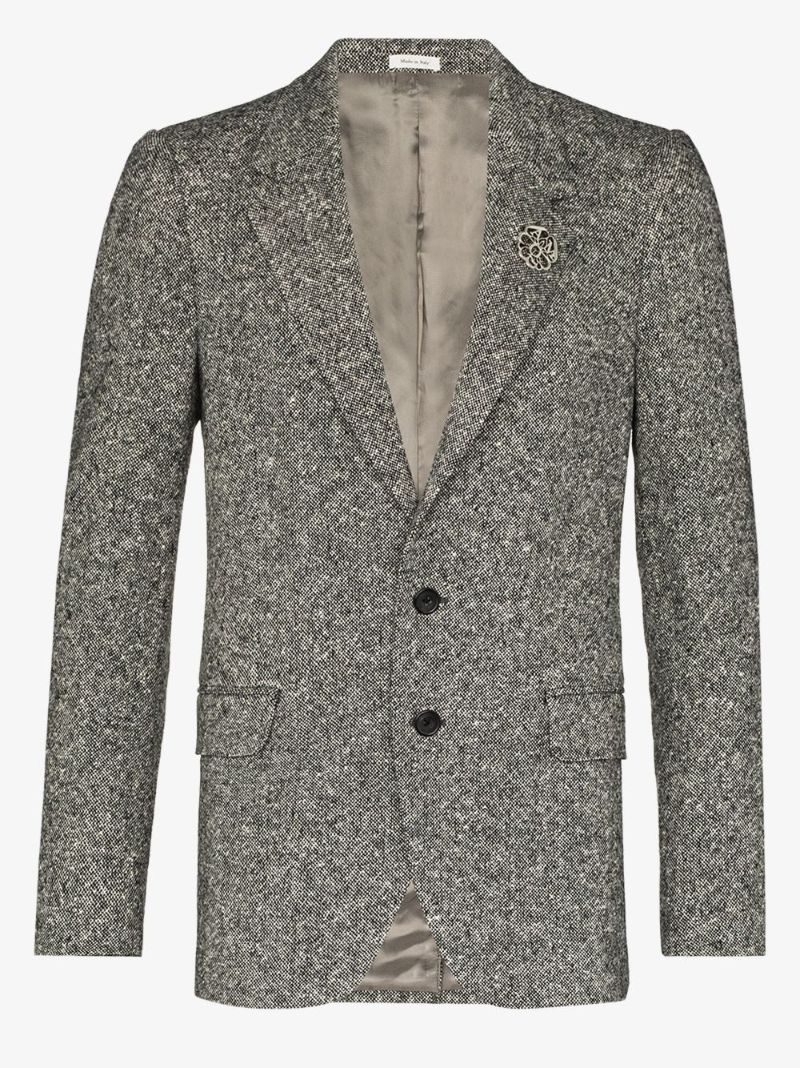 Brooch Embellished Tweed Blazer
