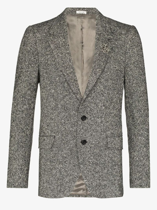 Brooch Embellished Tweed Blazer