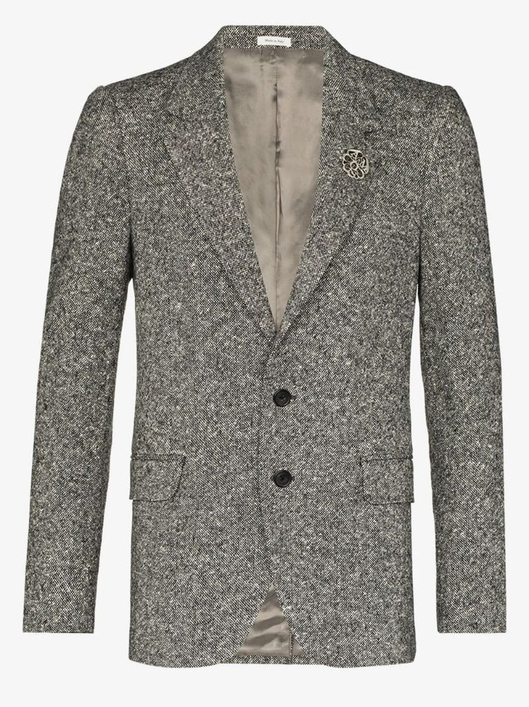 Brooch Embellished Tweed Blazer