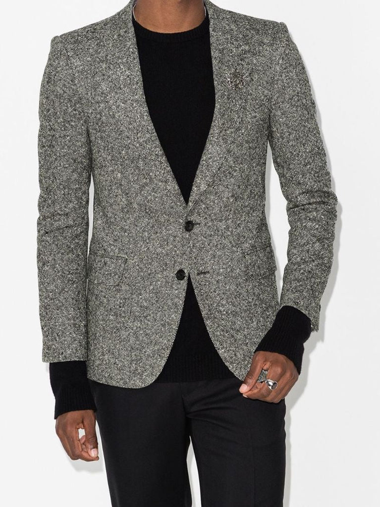 Brooch Embellished Tweed Blazer