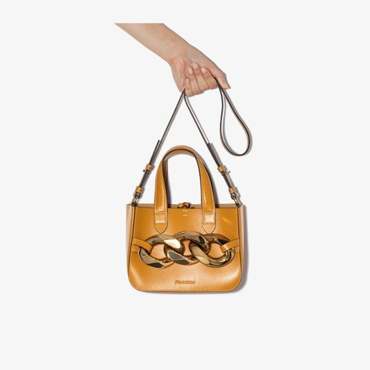 Brown Mini Leather Chain Tote Bag