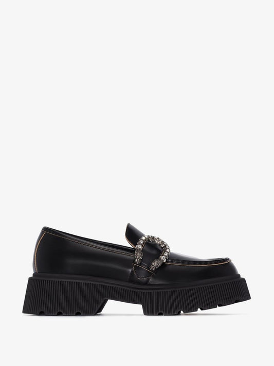 Black Tiger Spur Buckle Leather Loafers