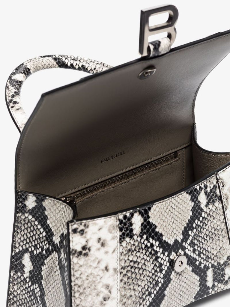 Black and White Hourglass Small Snake Print Leather Top Handle Bag