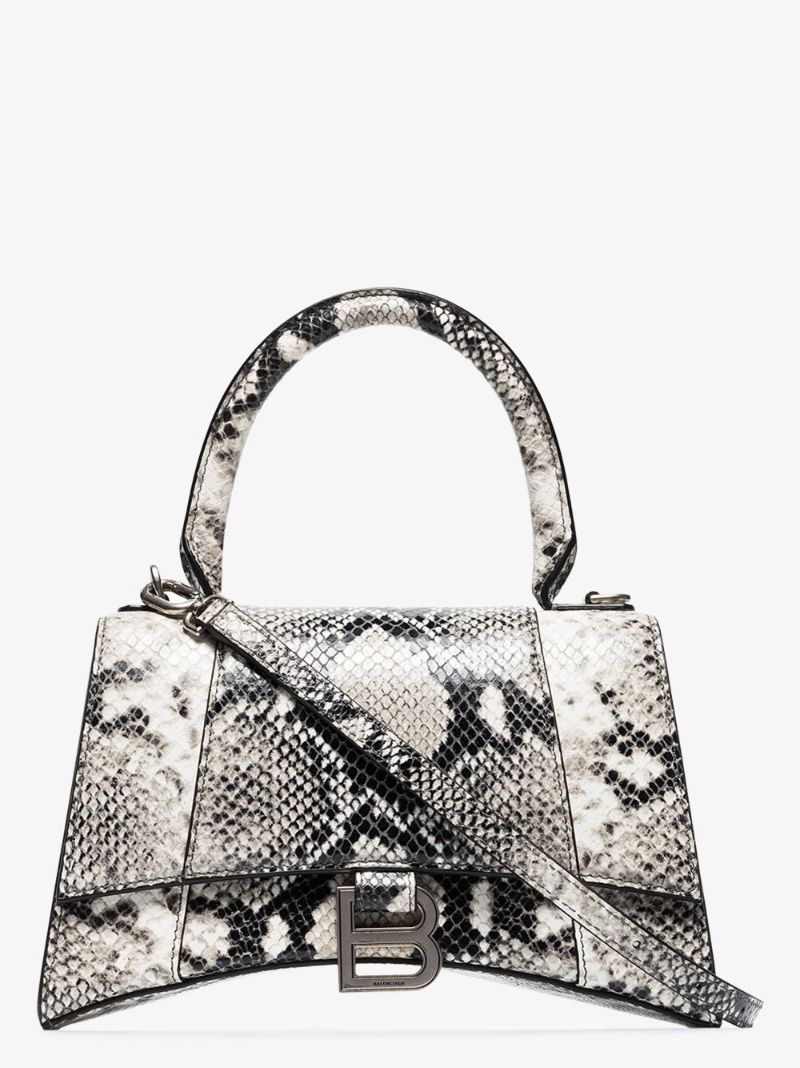 Black and White Hourglass Small Snake Print Leather Top Handle Bag