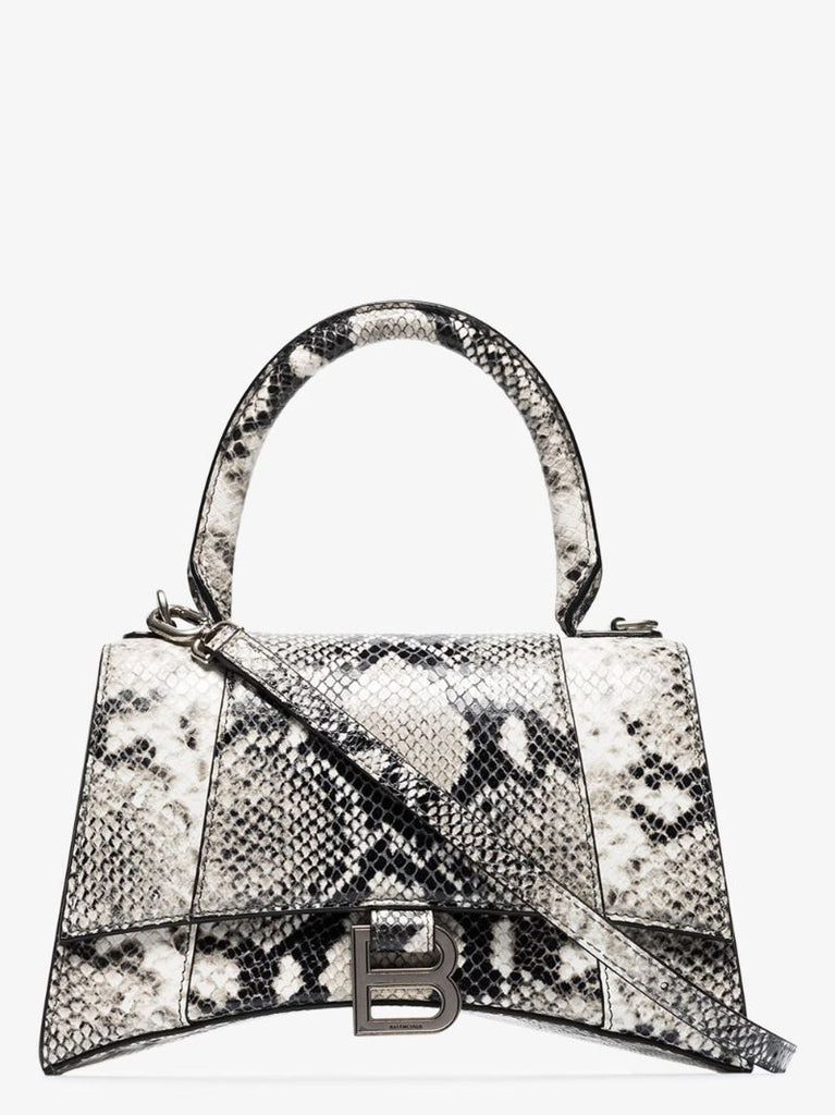 Black and White Hourglass Small Snake Print Leather Top Handle Bag