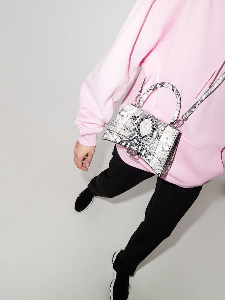 Black and White Hourglass Small Snake Print Leather Top Handle Bag