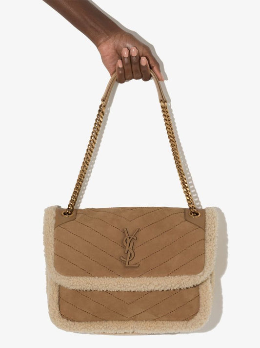 Neutral Niki Medium Shearling Shoulder Bag