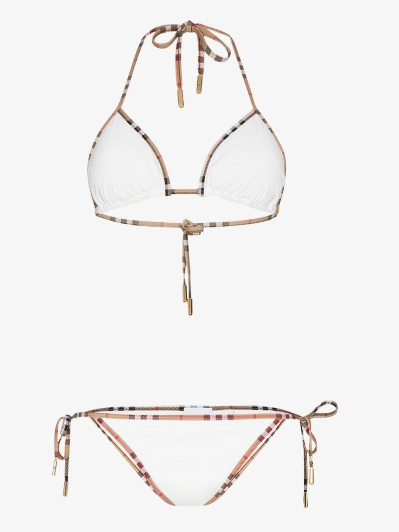 White Vintage Check Trim Triangle Bikini