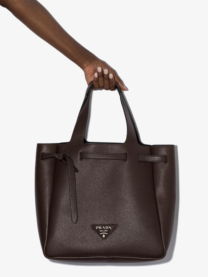 Brown Logo Plaque Leather Tote Bag