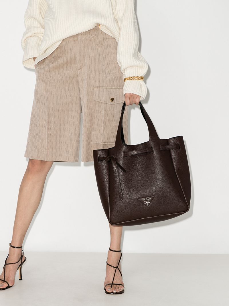 Brown Logo Plaque Leather Tote Bag