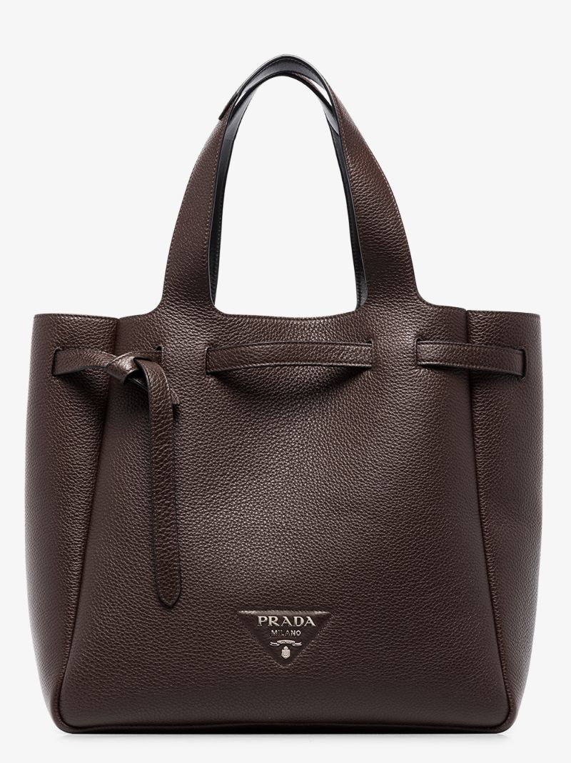 Brown Logo Plaque Leather Tote Bag