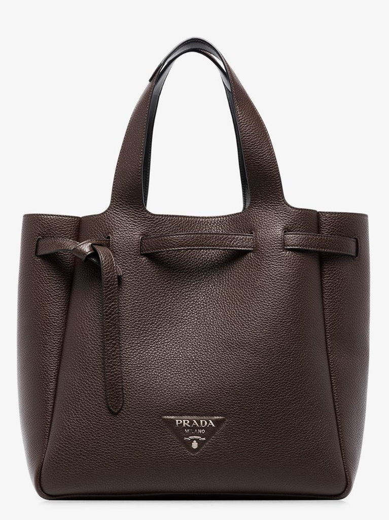 Brown Logo Plaque Leather Tote Bag