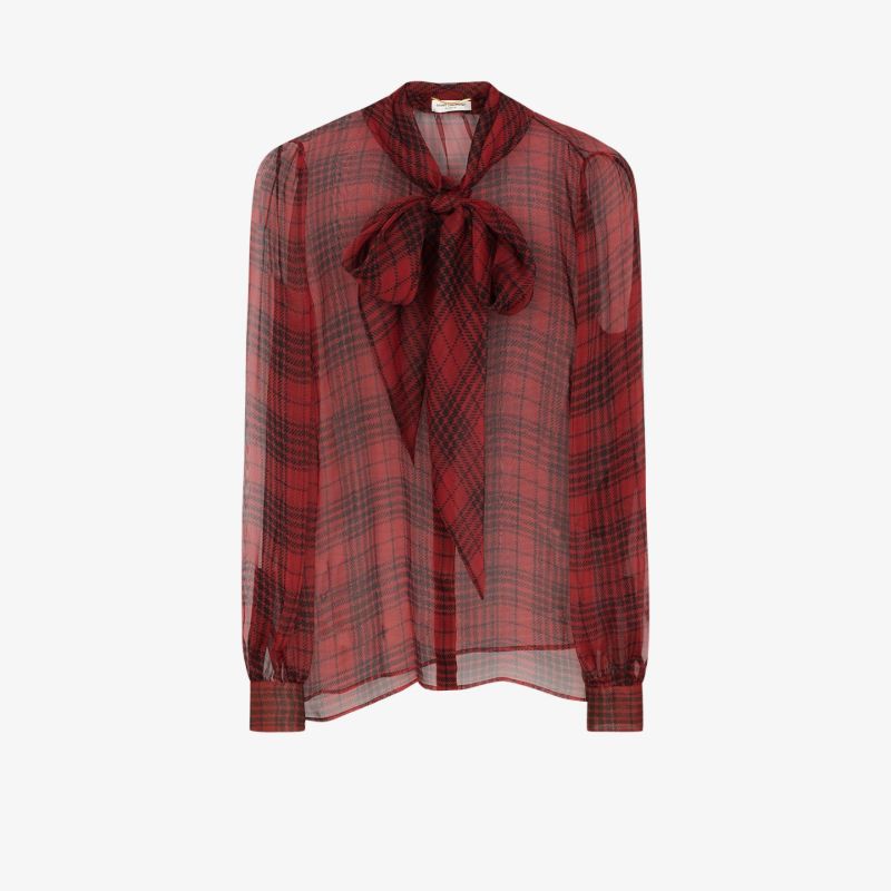 Checked Tie Neck Silk Blouse