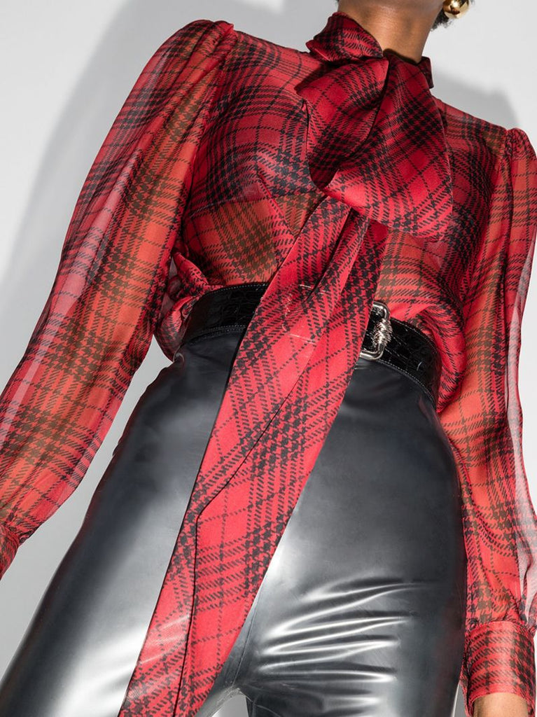 Checked Tie Neck Silk Blouse