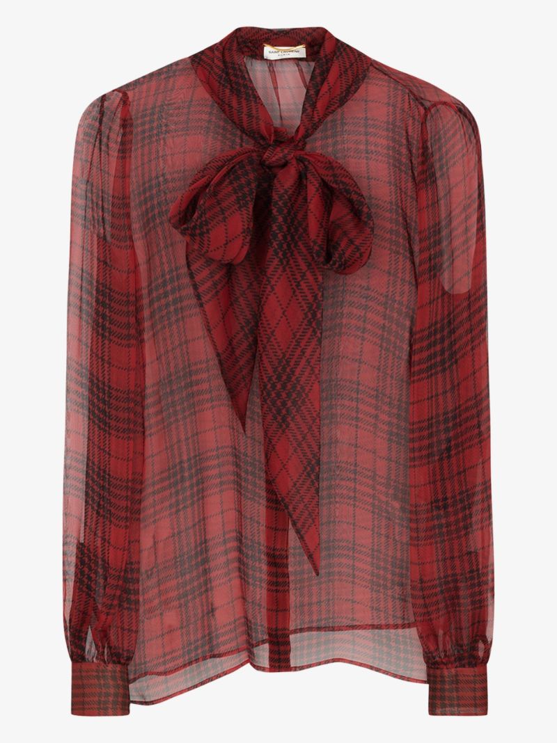 Checked Tie Neck Silk Blouse