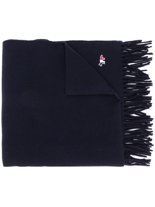 Blue Embroidered Fringed Scarf