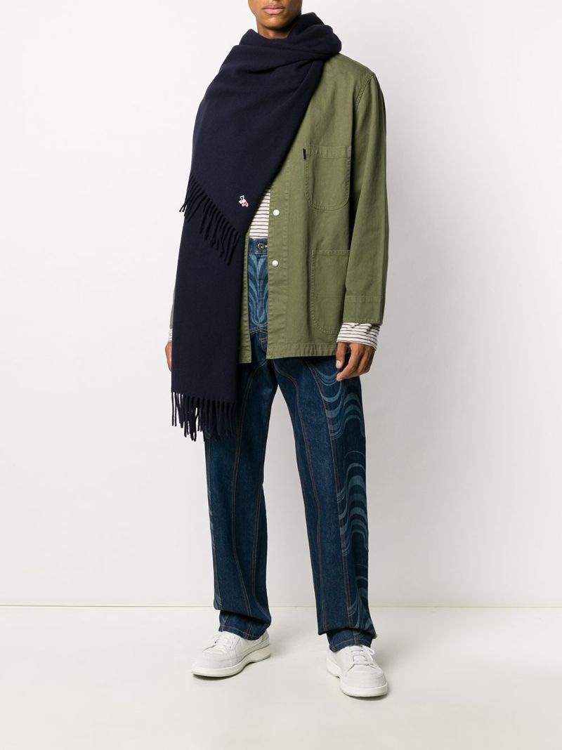 Blue Embroidered Fringed Scarf