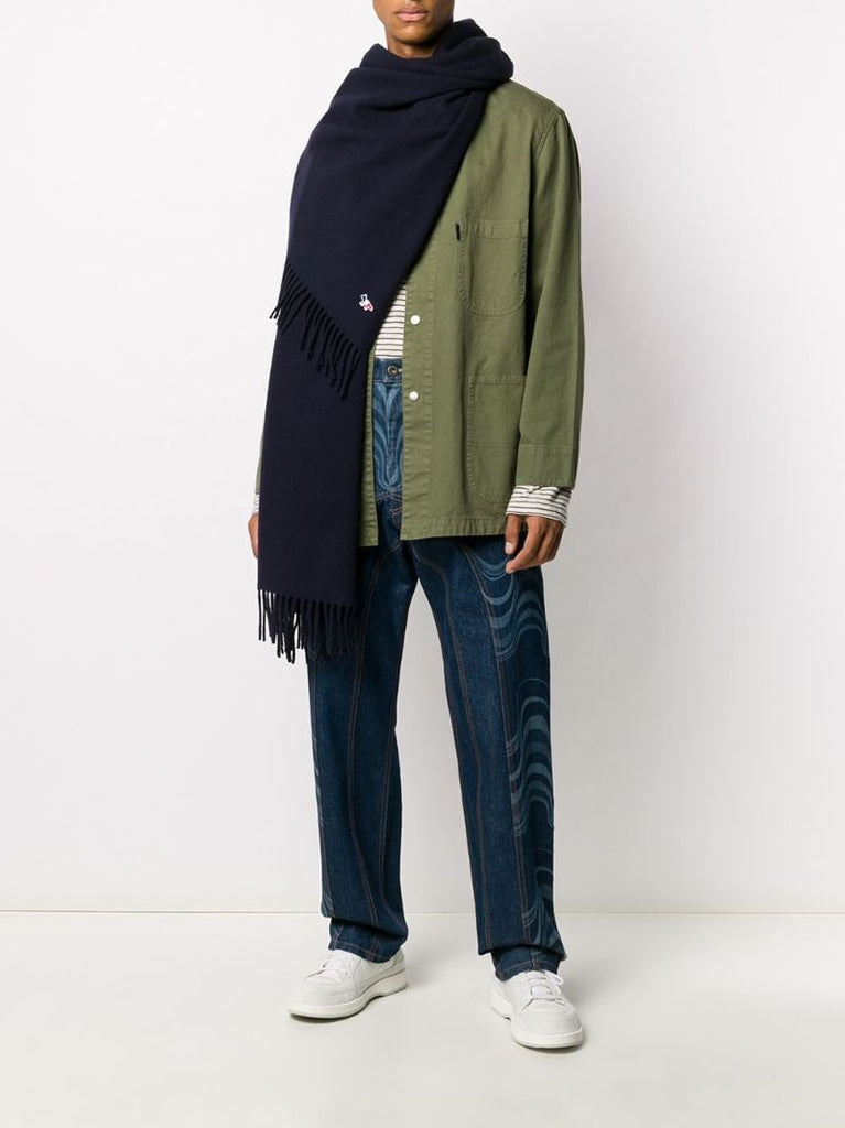Blue Embroidered Fringed Scarf