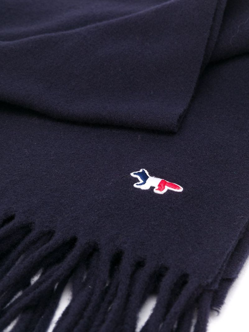 Blue Embroidered Fringed Scarf