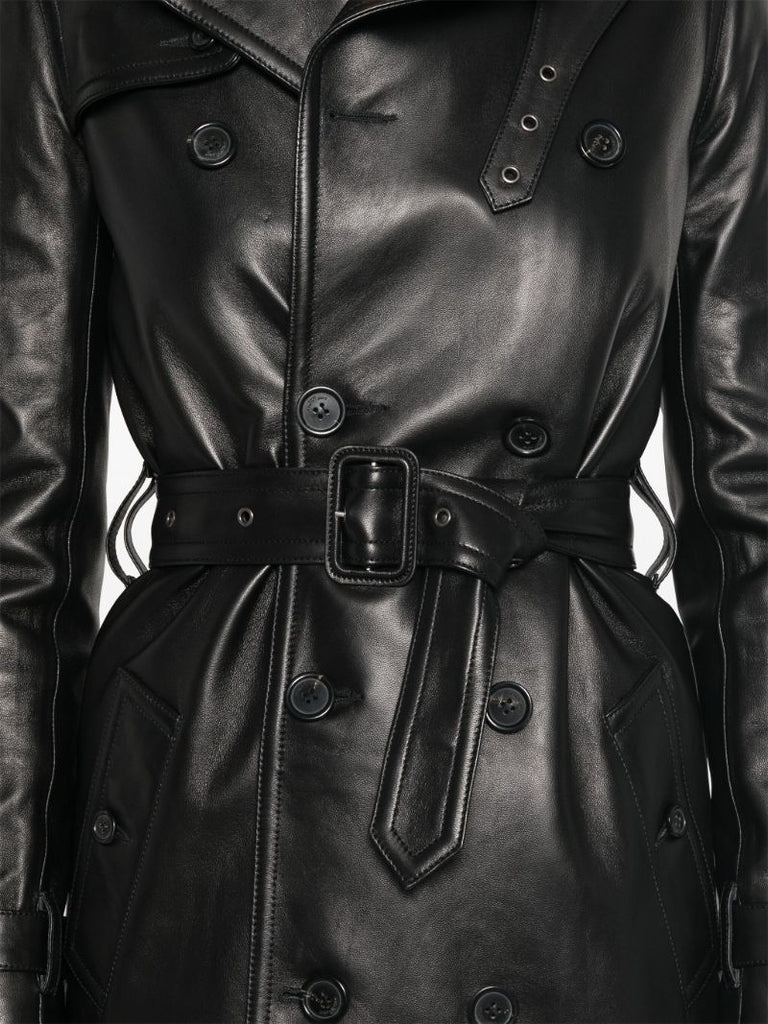 Black Double-breasted Leather Trench Coat