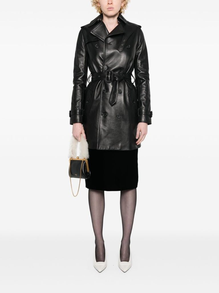 Black Double-breasted Leather Trench Coat
