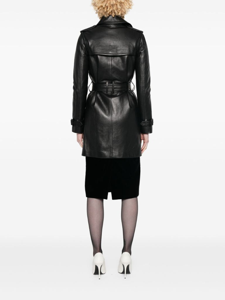 Black Double-breasted Leather Trench Coat
